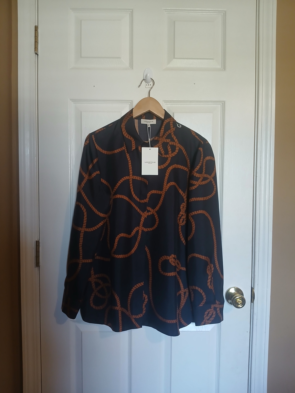Lafayette 148 New York Ruxton 8-Knot Print Silk Nautical Blouse Women Blue Sz M